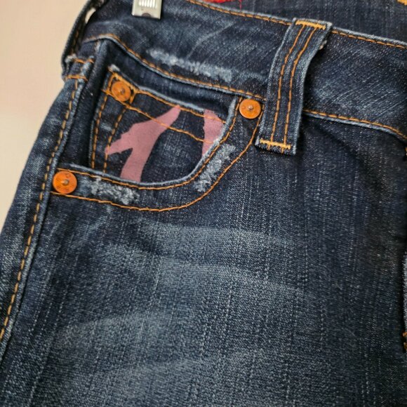 True Religion Jeans Women Denim Straight‎ Leg Pink Logo Pockets Distressed Sz 29 - Picture 4 of 10